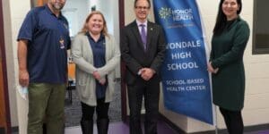 (From left) Honor Community Health’s Paul Ulewicz, Danielle Redilla and Melissa Brown are joined by Avondale Schools Superintendent Dr. James V. Schwarz (second from right) at a dedication for the Avondale school-based health center at Avondale High School.