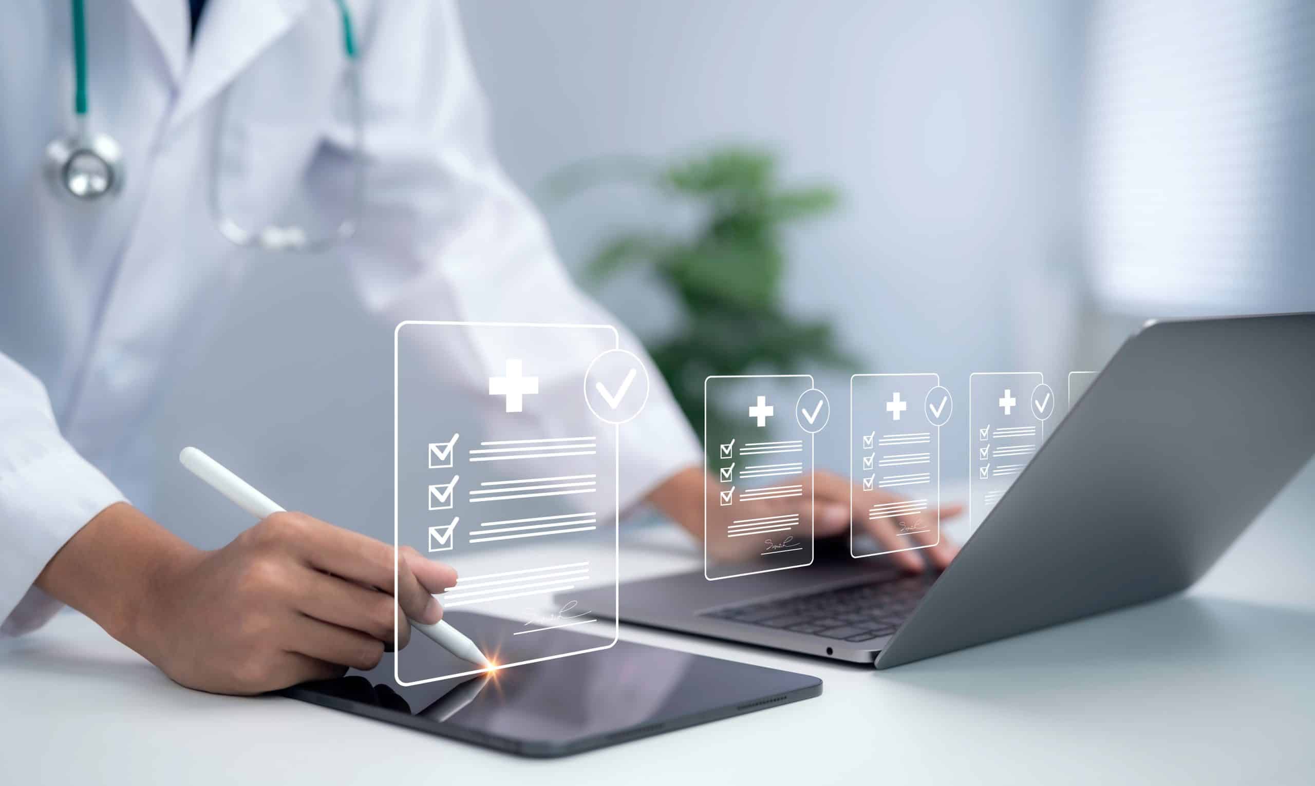 Doctor using tablet with digital medical checklist interface healthcare documentation patient record management clinical workflow quality control smart healthcare system concept